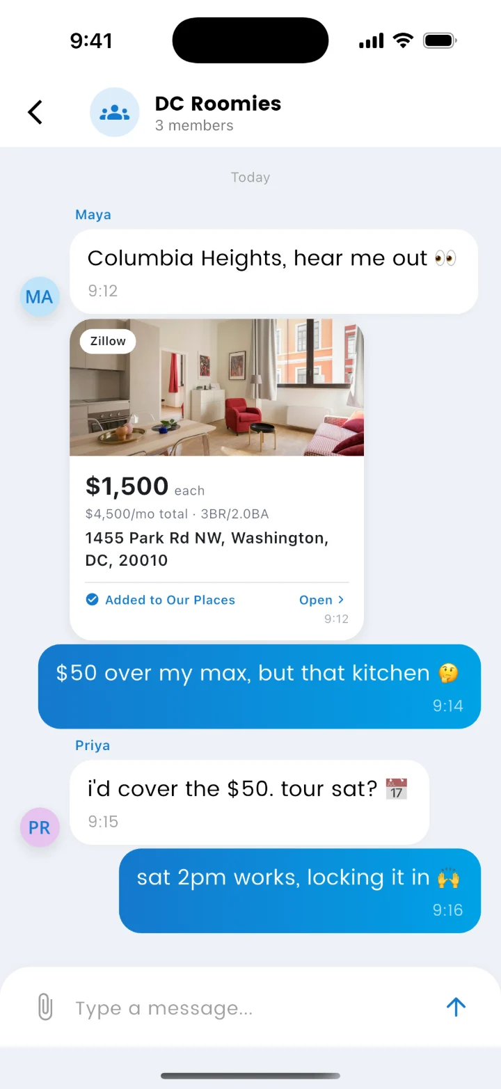 Pod chat with a shared listing card showing $1,500 each